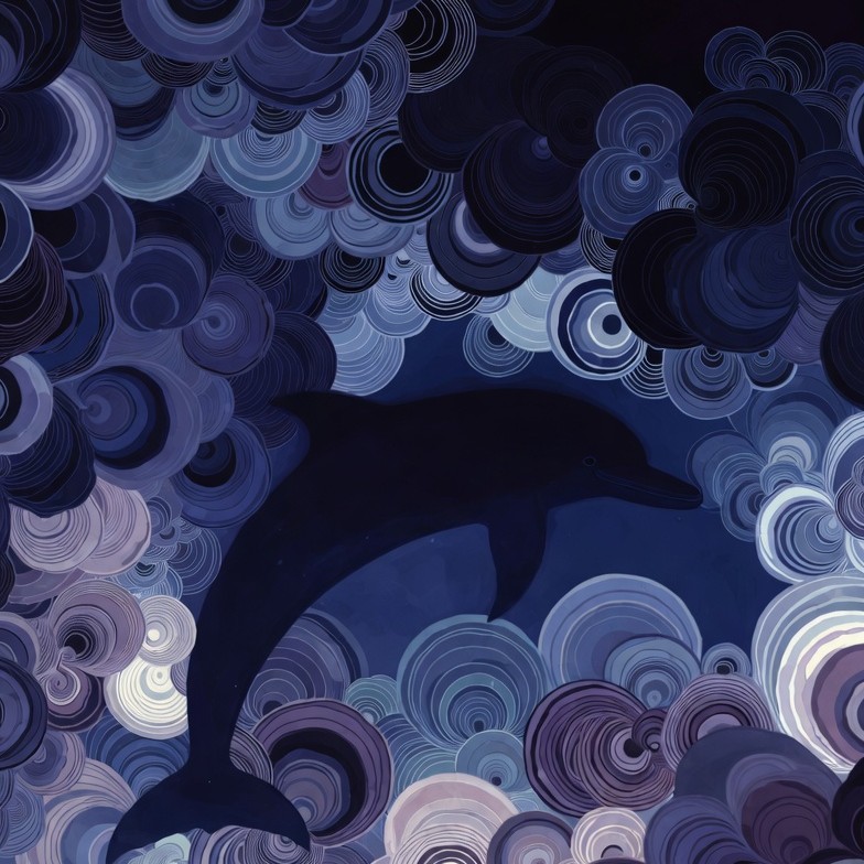 Magic Eye style artwork with a dolphin emerging from swirling patterns